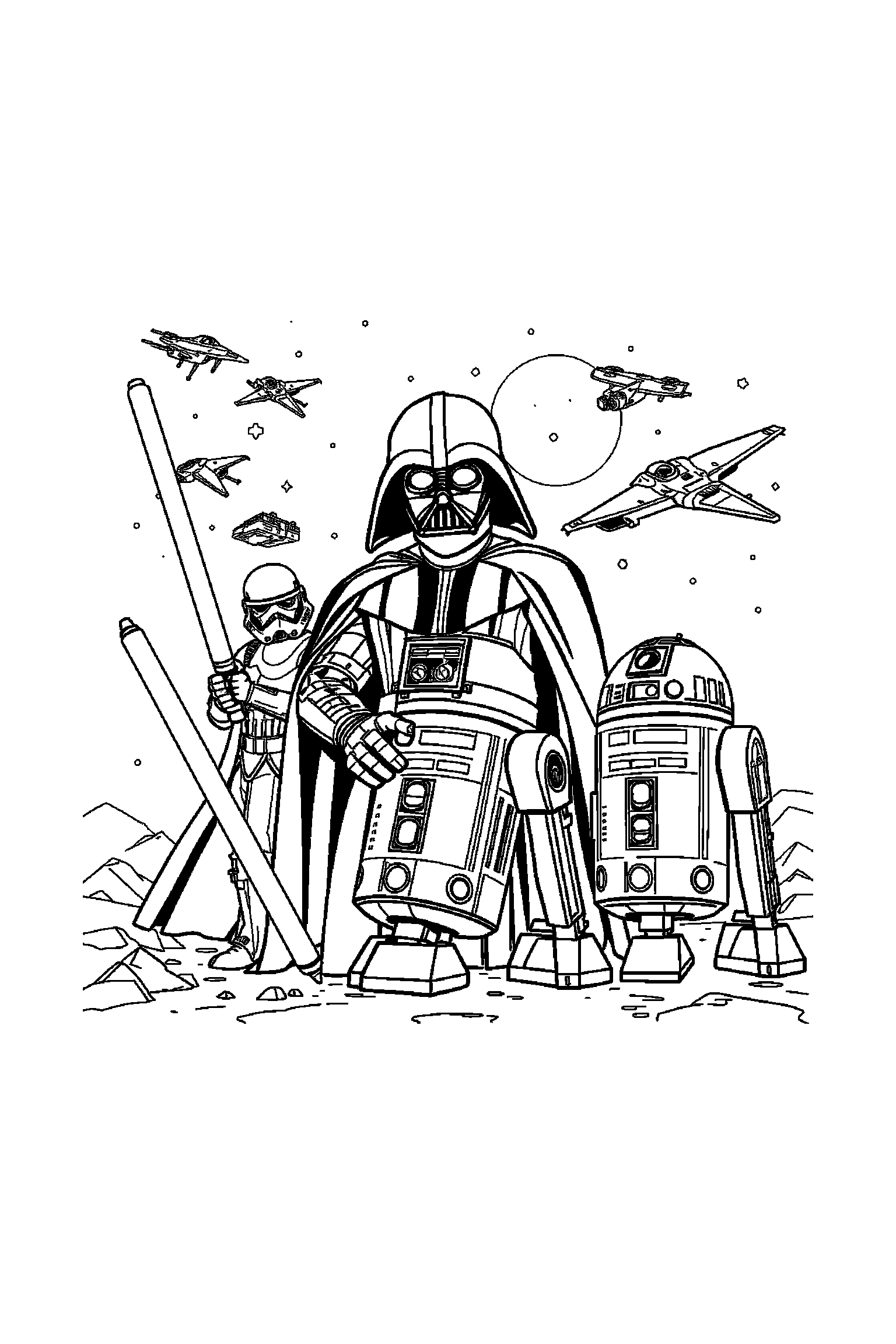 Coloriage Star Wars gratuit à imprimer - un droïde debout avec les deux bras visibles et bien attachés au corps Coloriage Star Wars gratuit à imprimer : un droïde debout avec les deux bras visibles et bien attachés au corps