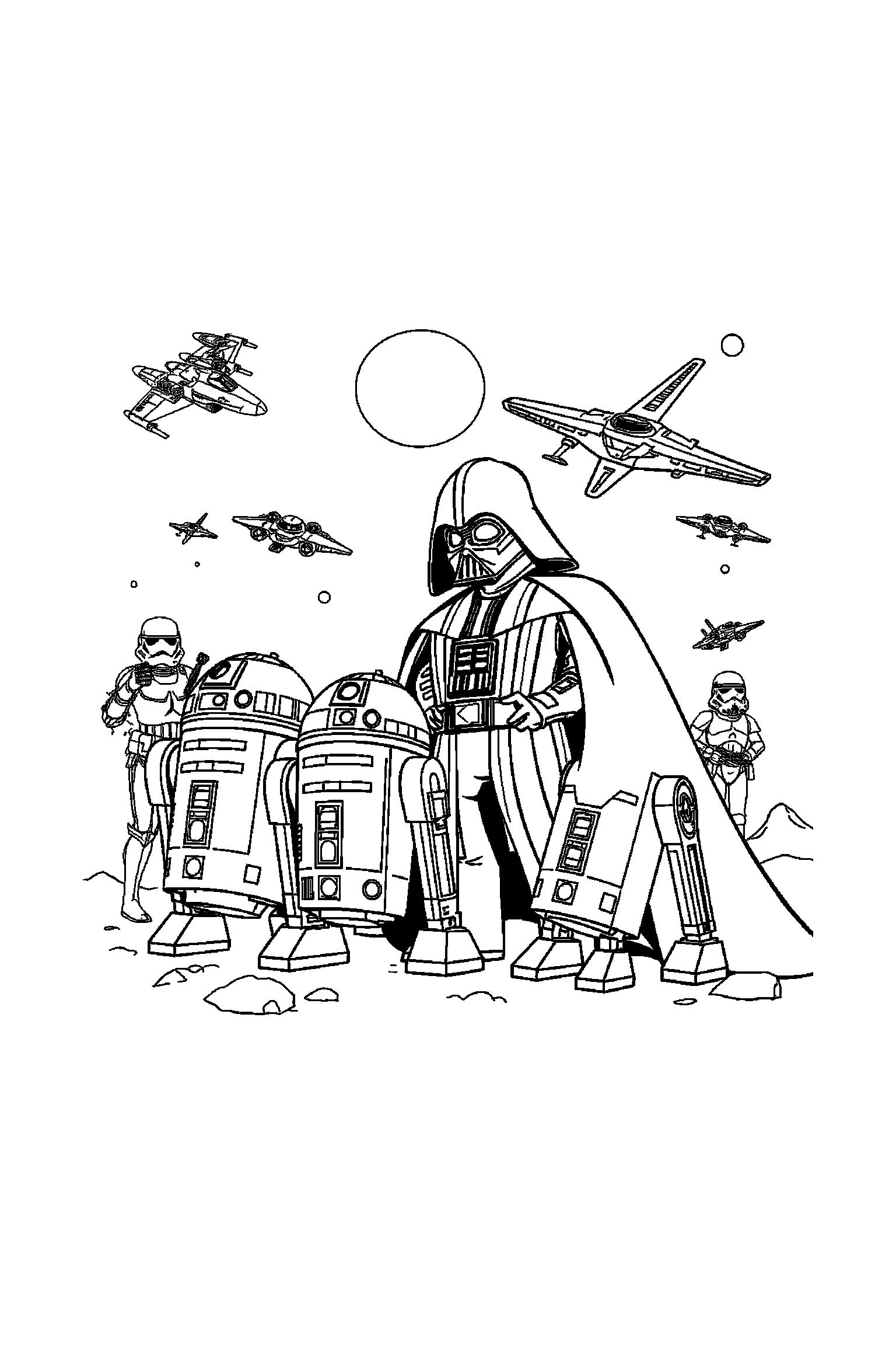 Coloriage Star Wars gratuit à imprimer - un petit robot devant un vaisseau Coloriage Star Wars gratuit à imprimer : un petit robot devant un vaisseau