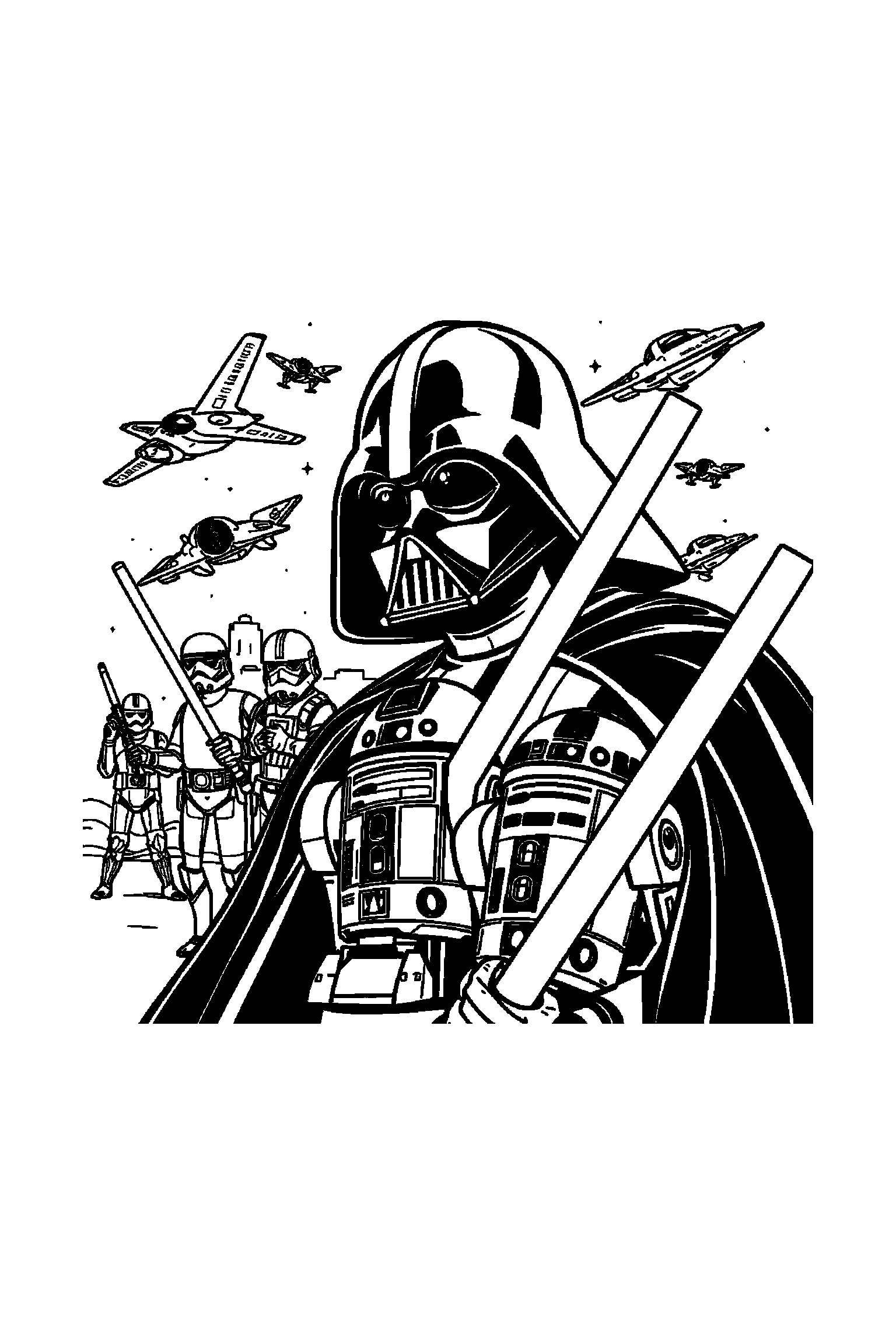 Coloriage Star Wars gratuit à imprimer - un droïde qui montre un casque avec un bras bien attaché au corps Coloriage Star Wars gratuit à imprimer : un droïde qui montre un casque avec un bras bien attaché au corps