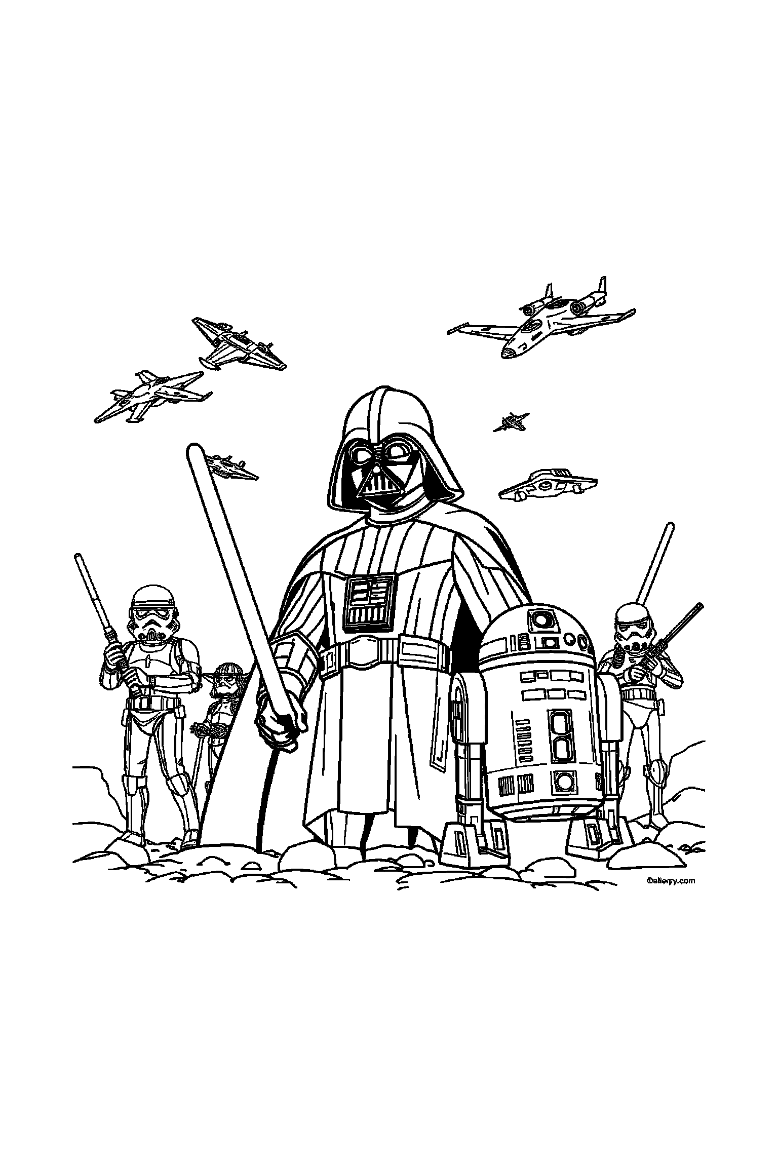 Coloriage Star Wars gratuit à imprimer - un droïde tenant un casque devant lui Coloriage Star Wars gratuit à imprimer : un droïde tenant un casque devant lui