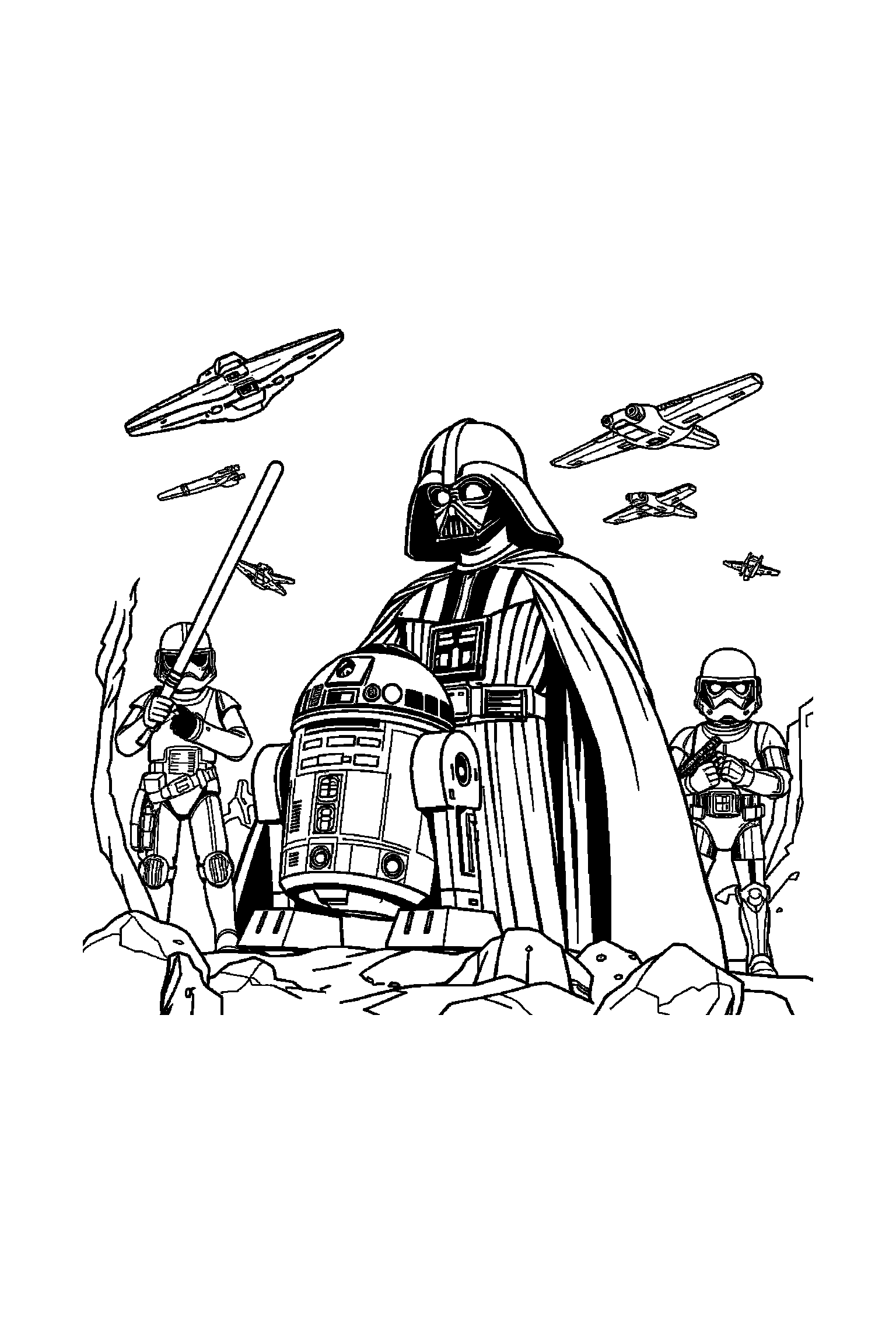Coloriage Star Wars gratuit à imprimer - un droïde avec un casque et des motifs planètes Coloriage Star Wars gratuit à imprimer : un droïde avec un casque et des motifs planètes