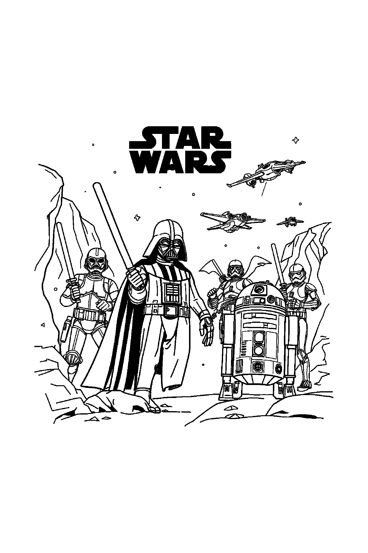 Coloriage Star Wars gratuit à imprimer - un maître au sabre avec un décor d'arrière-plan Coloriage Star Wars gratuit à imprimer : un maître au sabre avec un décor d'arrière-plan