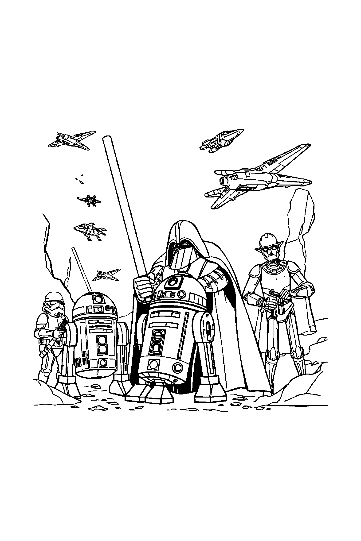 Coloriage Star Wars gratuit à imprimer - un maître au sabre avec un autre personnage de son univers Coloriage Star Wars gratuit à imprimer : un maître au sabre avec un autre personnage de son univers