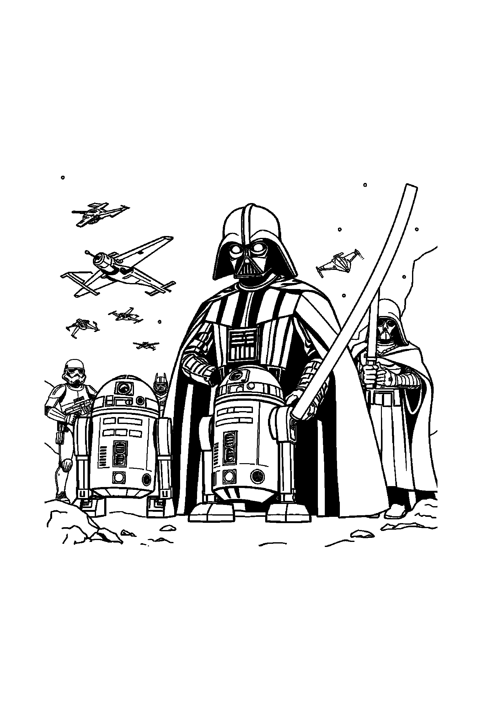 Coloriage Star Wars gratuit à imprimer - un petit robot dans une scène joyeuse Coloriage Star Wars gratuit à imprimer : un petit robot dans une scène joyeuse