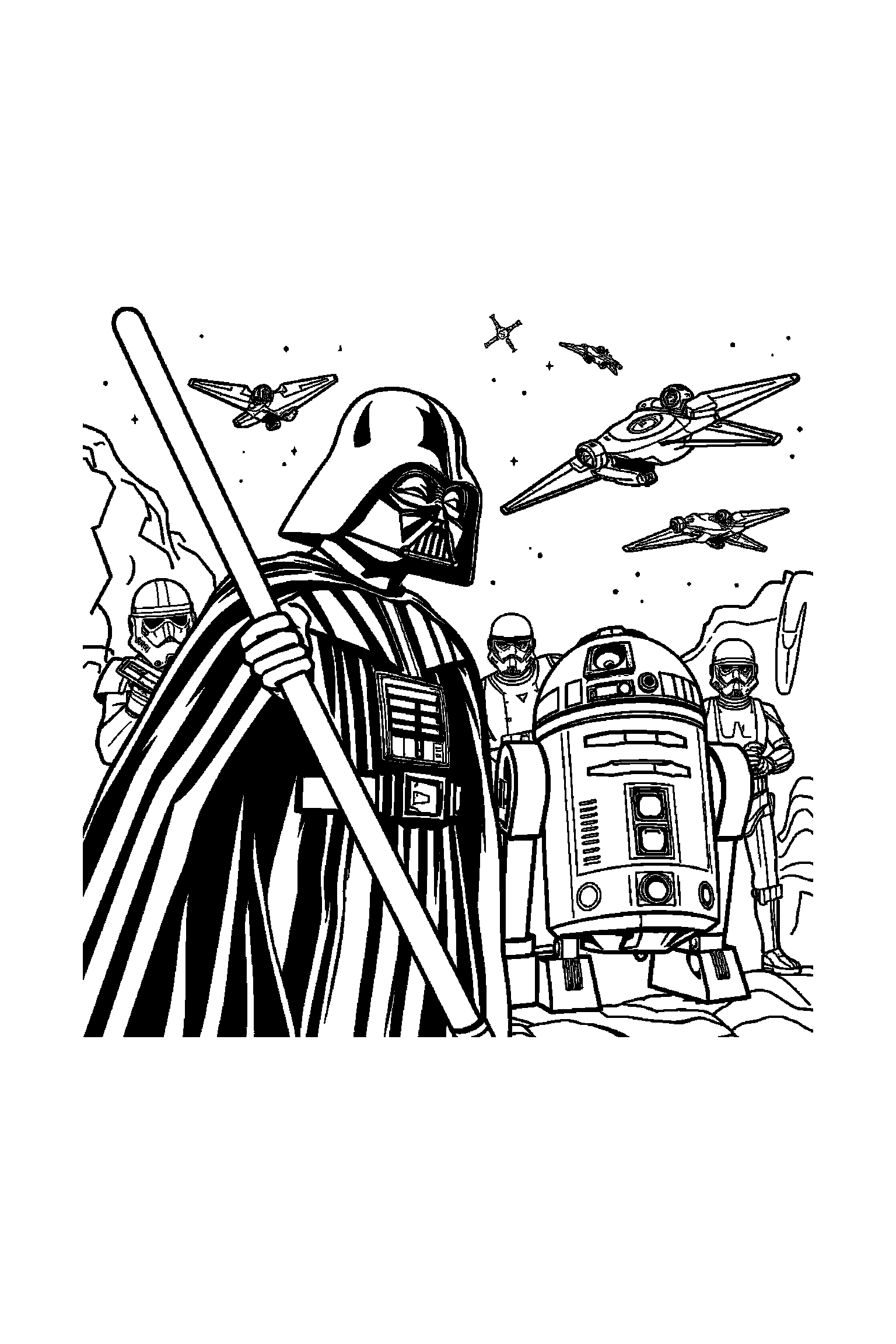 Coloriage Star Wars gratuit à imprimer - un droïde avec un casque sur un fond clair Coloriage Star Wars gratuit à imprimer : un droïde avec un casque sur un fond clair