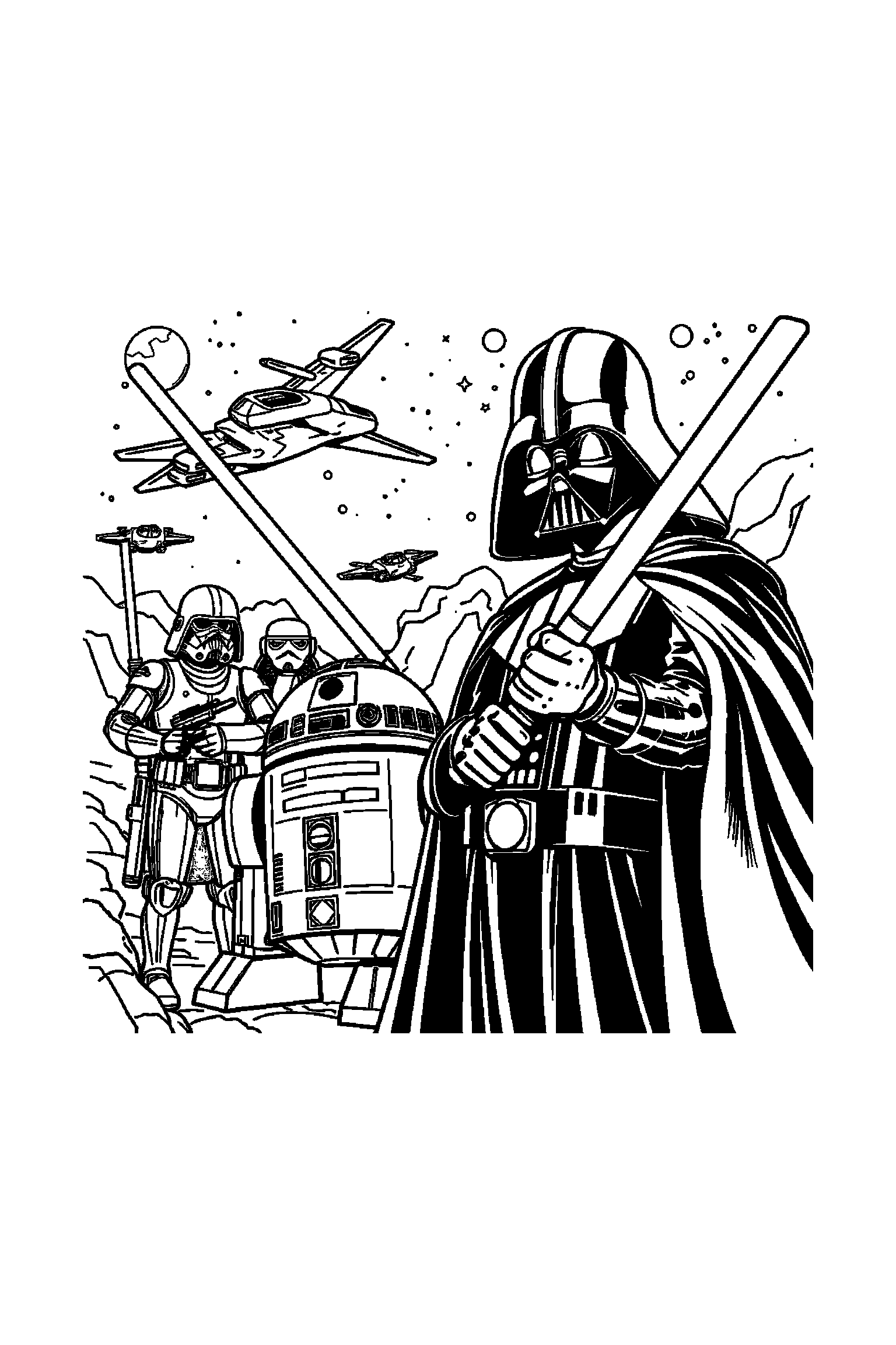Coloriage Star Wars gratuit à imprimer - un droïde entouré par des motifs planètes et de petits objets Coloriage Star Wars gratuit à imprimer : un droïde entouré par des motifs planètes et de petits objets