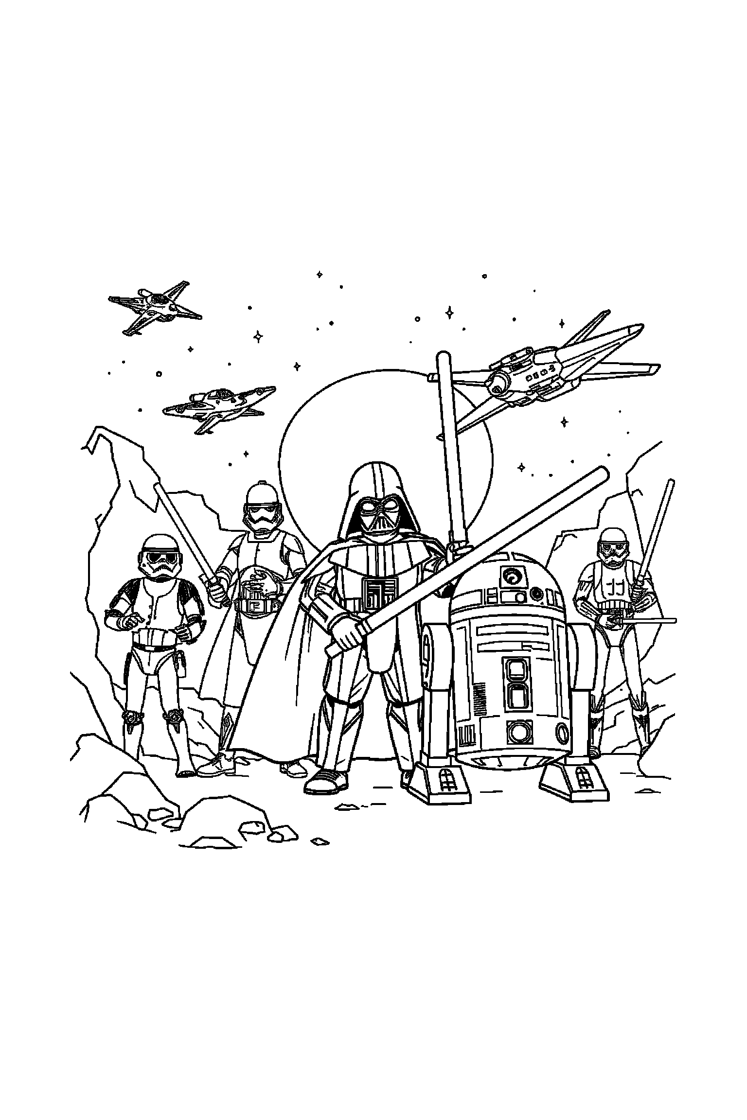 Coloriage Star Wars gratuit à imprimer - scène verticale avec un pilote rebelle et les héros de la galaxie Coloriage Star Wars gratuit à imprimer : scène verticale avec un pilote rebelle et les héros de la galaxie