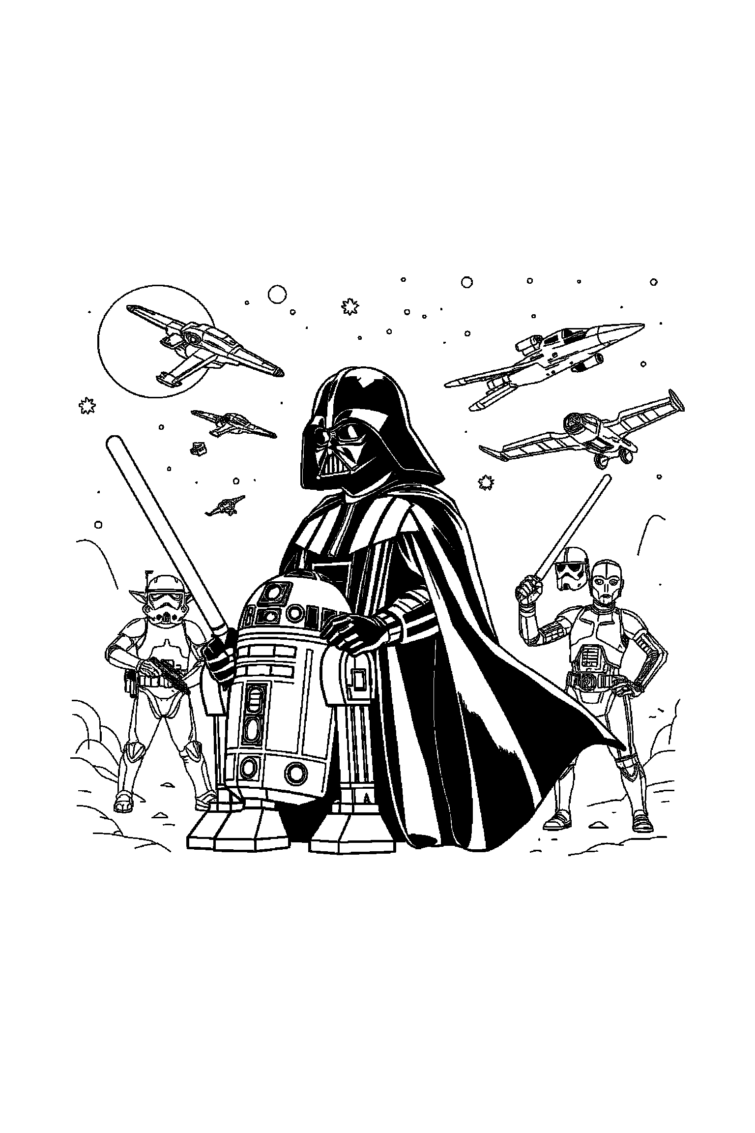 Coloriage Star Wars gratuit à imprimer - un maître au sabre au centre d'un décor riche mais lisible Coloriage Star Wars gratuit à imprimer : un maître au sabre au centre d'un décor riche mais lisible