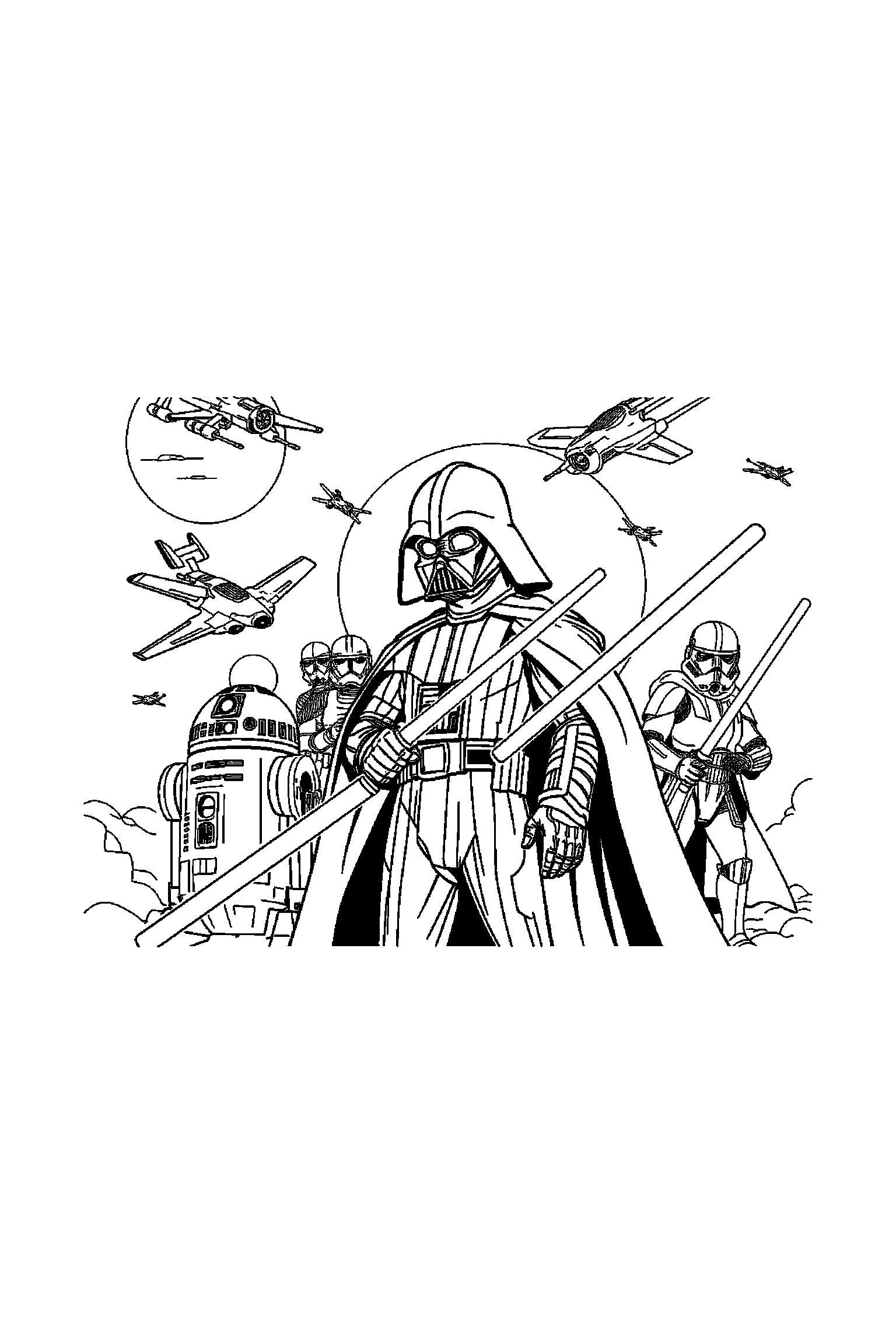 Coloriage Star Wars gratuit à imprimer - un petit robot avec un vaisseau, cercles mécaniques et arrière-plan complet Coloriage Star Wars gratuit à imprimer : un petit robot avec un vaisseau, cercles mécaniques et arrière-plan complet