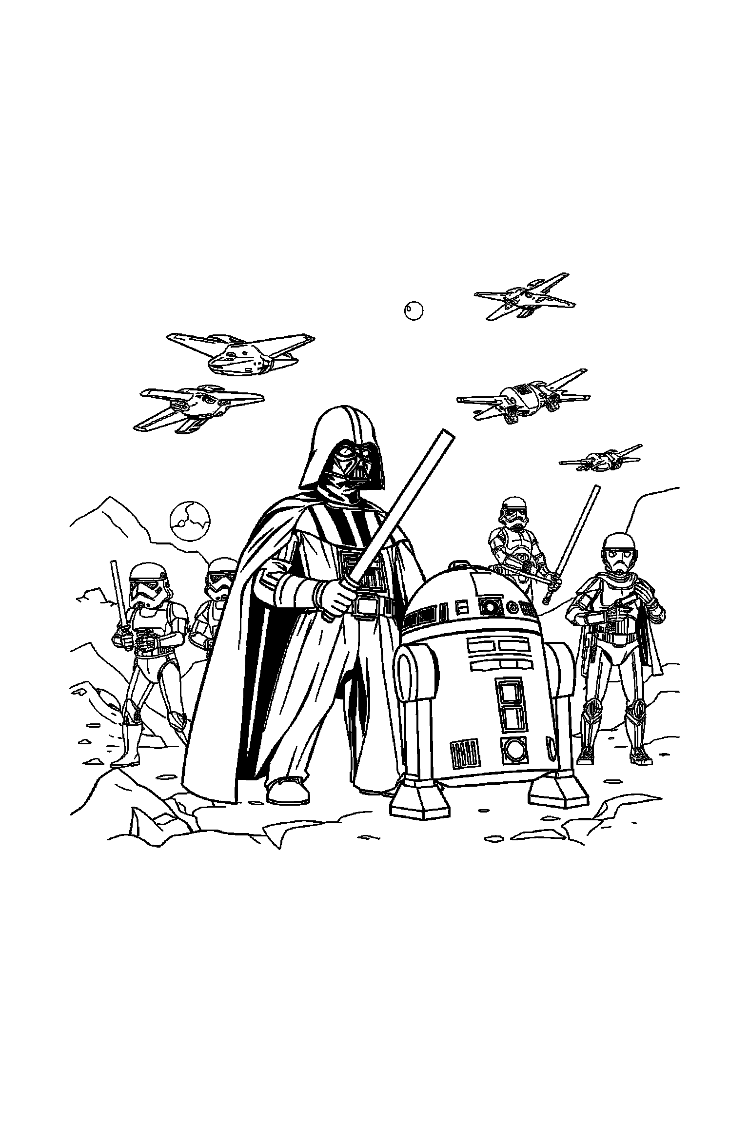 Coloriage Star Wars gratuit à imprimer - un Jedi dans une petite scène avec un sabre laser Coloriage Star Wars gratuit à imprimer : un Jedi dans une petite scène avec un sabre laser