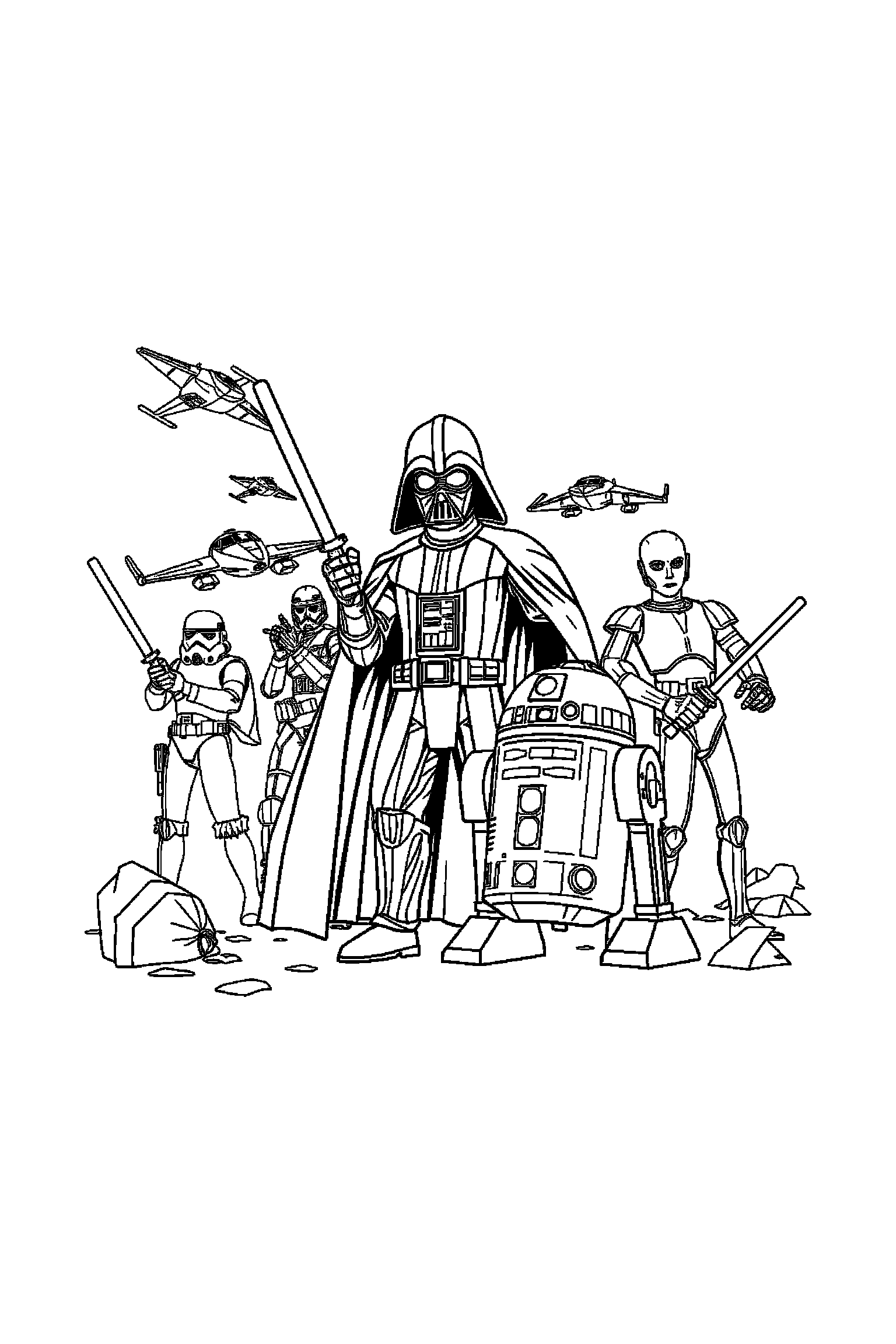 Coloriage Star Wars gratuit à imprimer - un Jedi avec décor détaillé de un désert spatial Coloriage Star Wars gratuit à imprimer : un Jedi avec décor détaillé de un désert spatial