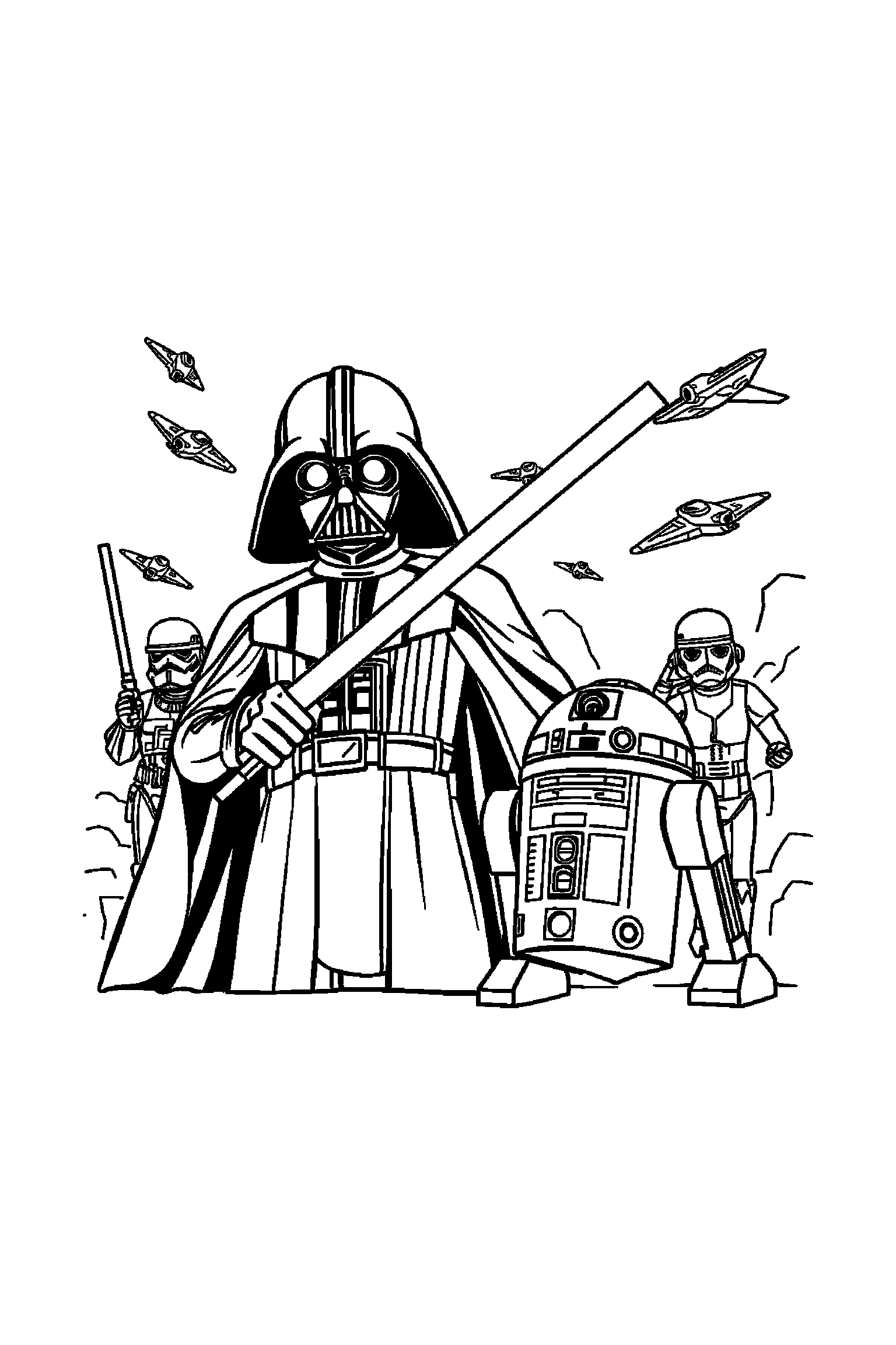 Coloriage Star Wars gratuit à imprimer - les héros de la galaxie avec arrière-plan complet à colorier Coloriage Star Wars gratuit à imprimer : les héros de la galaxie avec arrière-plan complet à colorier