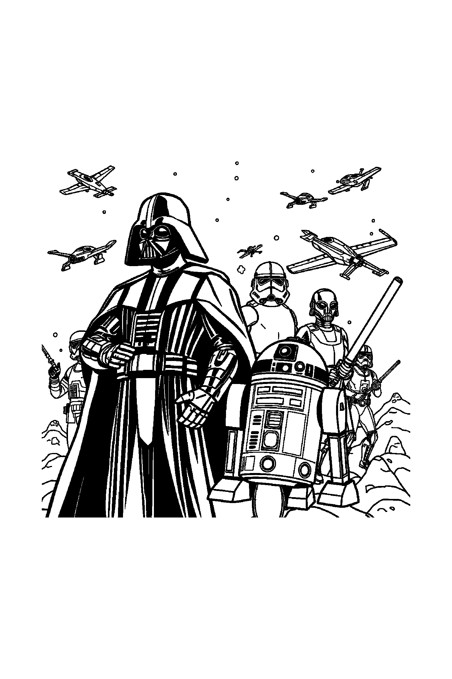 Coloriage Star Wars gratuit à imprimer - un petit robot entouré de cercles mécaniques et petits détails Coloriage Star Wars gratuit à imprimer : un petit robot entouré de cercles mécaniques et petits détails
