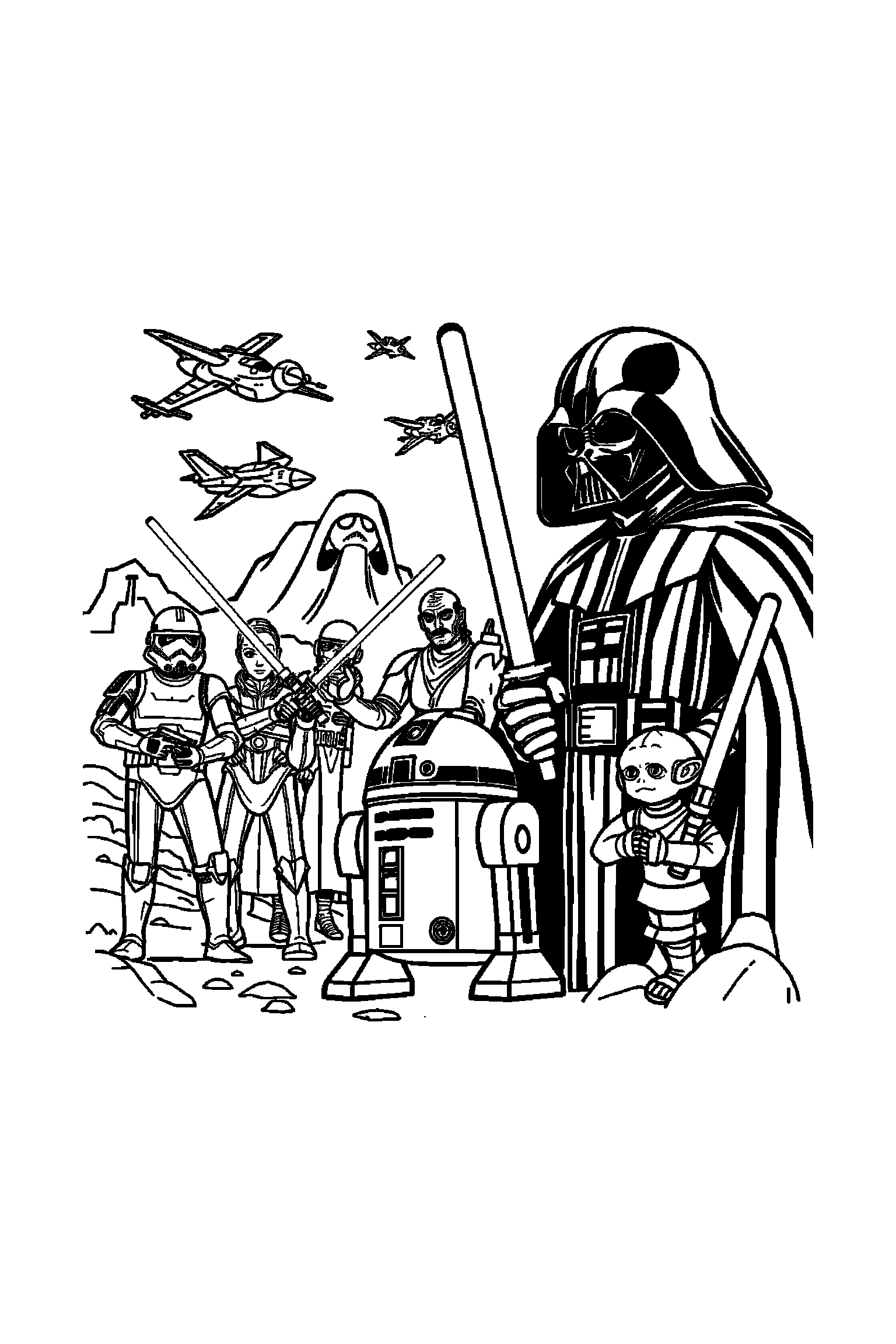 Coloriage Star Wars gratuit à imprimer - un droïde au centre avec scène détaillée de un vaisseau Coloriage Star Wars gratuit à imprimer : un droïde au centre avec scène détaillée de un vaisseau