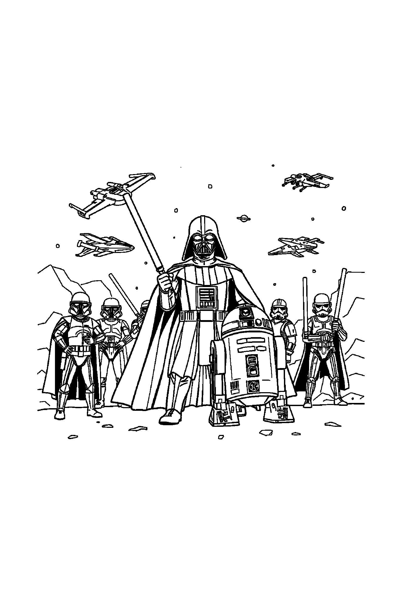 Coloriage Star Wars gratuit à imprimer - scène verticale détaillée avec un maître au sabre et une étoile Coloriage Star Wars gratuit à imprimer : scène verticale détaillée avec un maître au sabre et une étoile