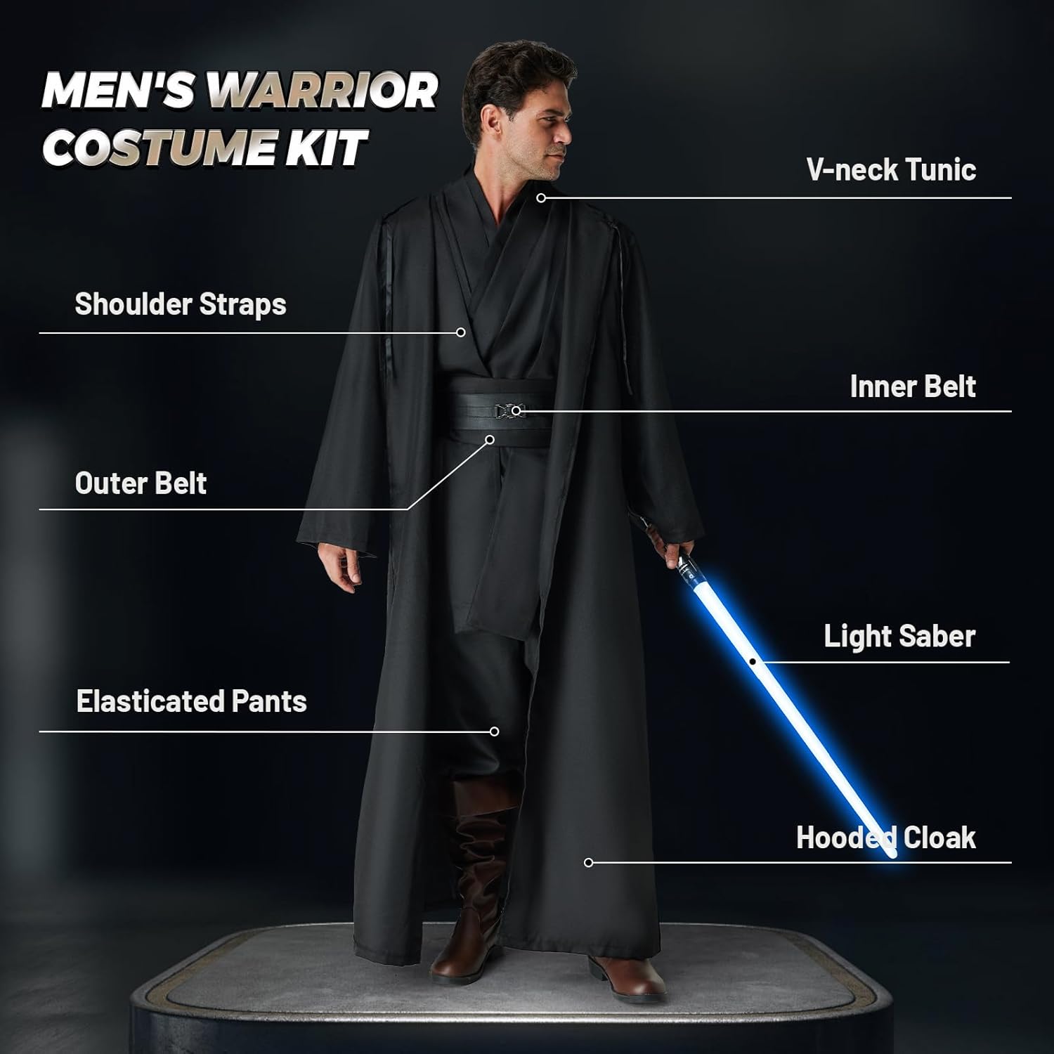Costume Star Wars Jedi homme avec capuche et sabre bleu – Image 3