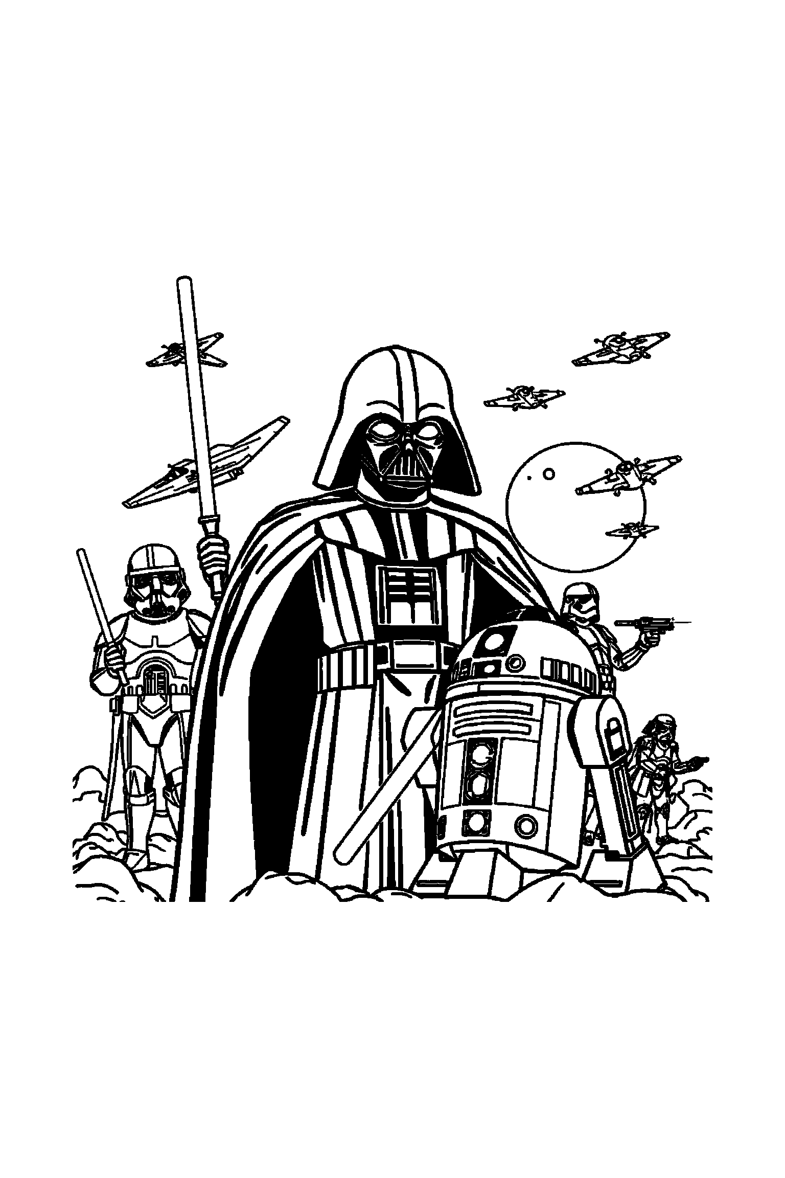 Coloriage Star Wars gratuit à imprimer - un droïde au centre avec scène détaillée de un vaisseau Coloriage Star Wars gratuit à imprimer : un droïde au centre avec scène détaillée de un vaisseau
