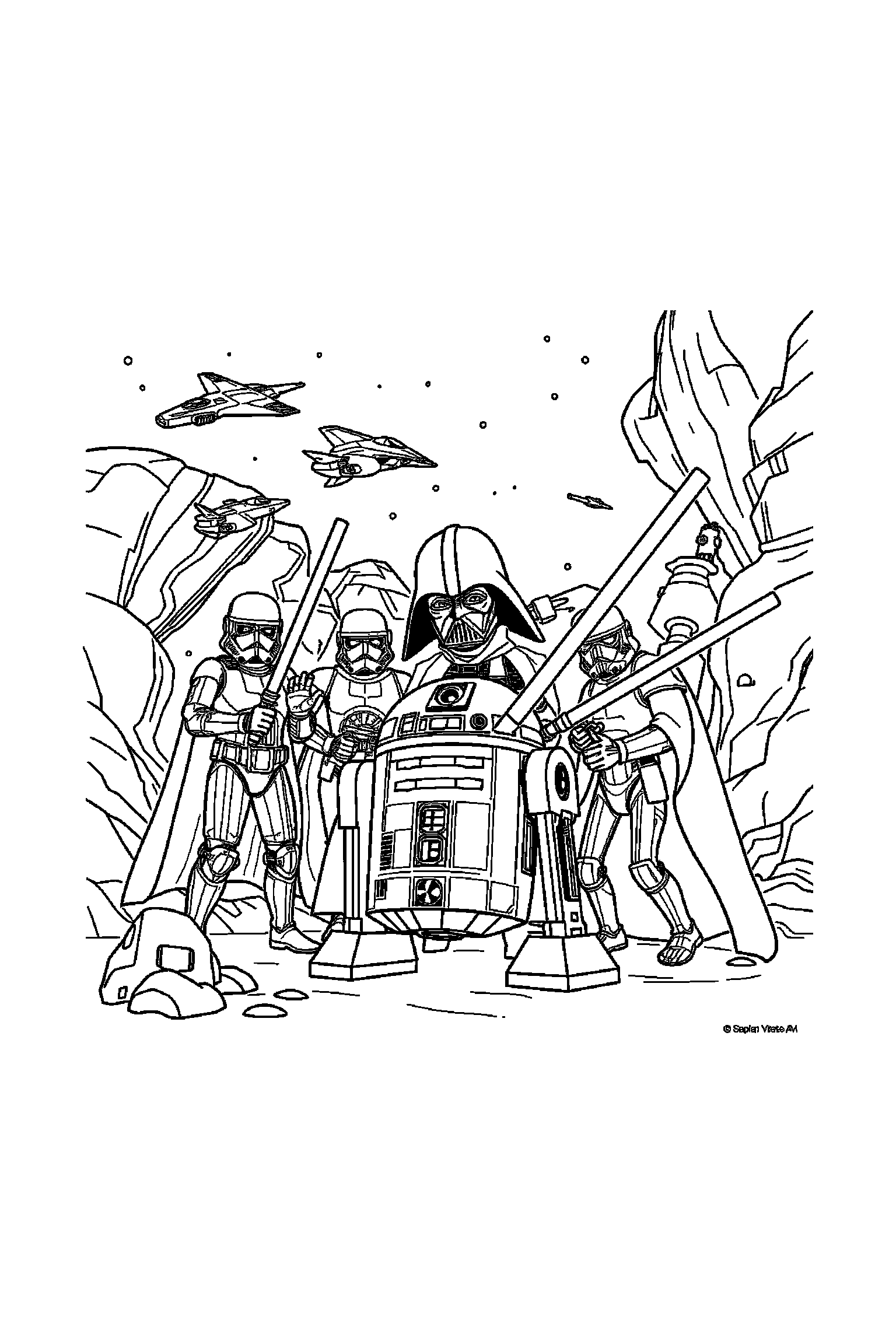 Coloriage Star Wars gratuit à imprimer - scène verticale détaillée avec un maître au sabre et une étoile Coloriage Star Wars gratuit à imprimer : scène verticale détaillée avec un maître au sabre et une étoile