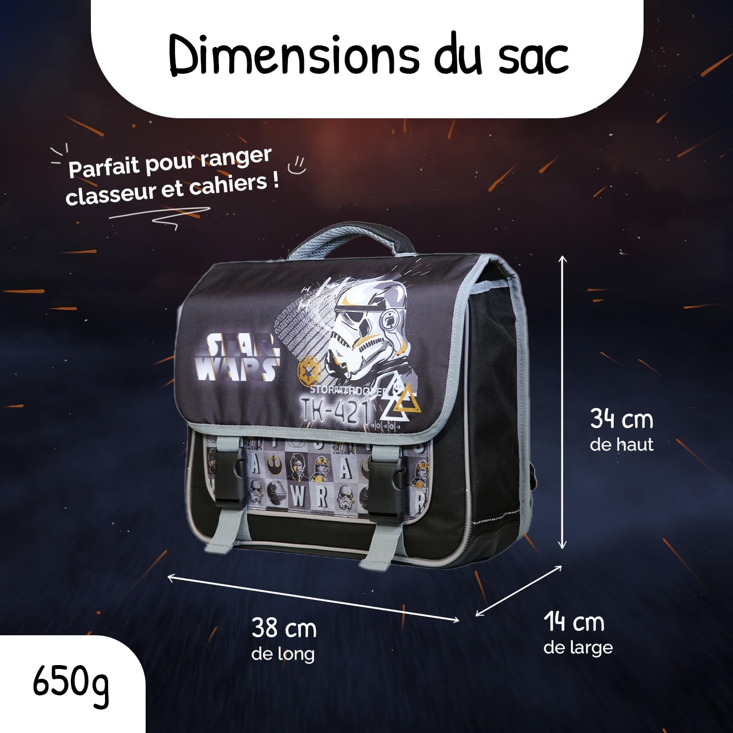 Cartable primaire Star Wars 38 noir et gris grand rangement – Image 3