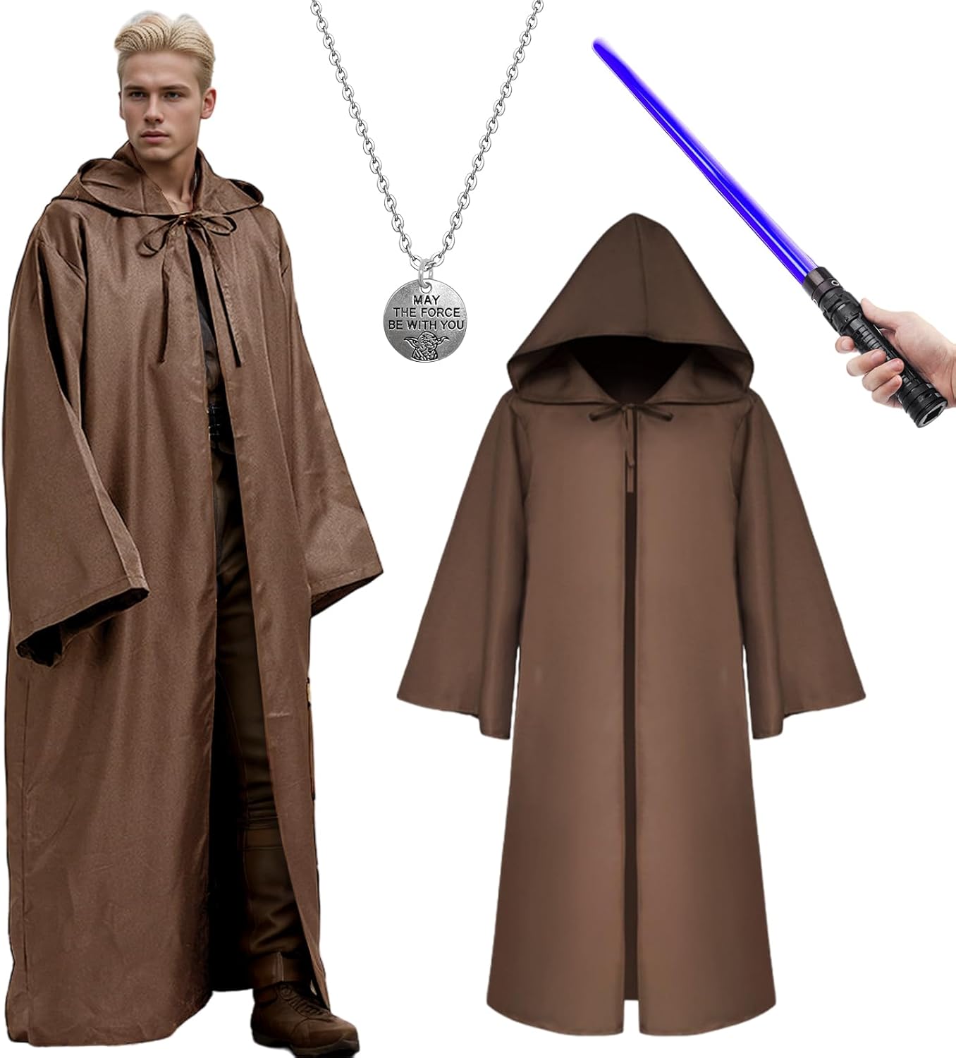 Cape Jedi adulte Star Wars avec capuche, sabre laser et collier