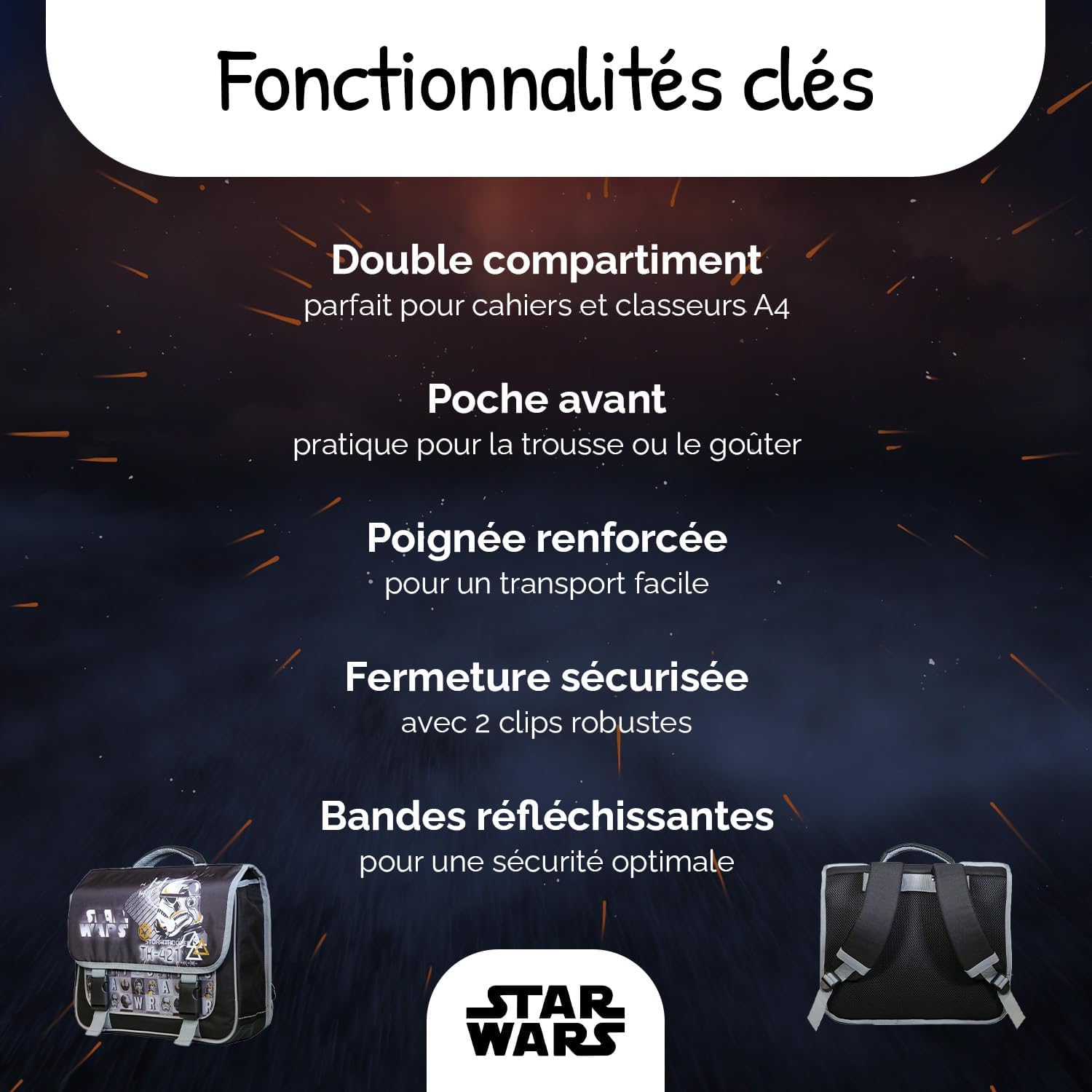Cartable primaire Star Wars 38 noir et gris grand rangement – Image 2