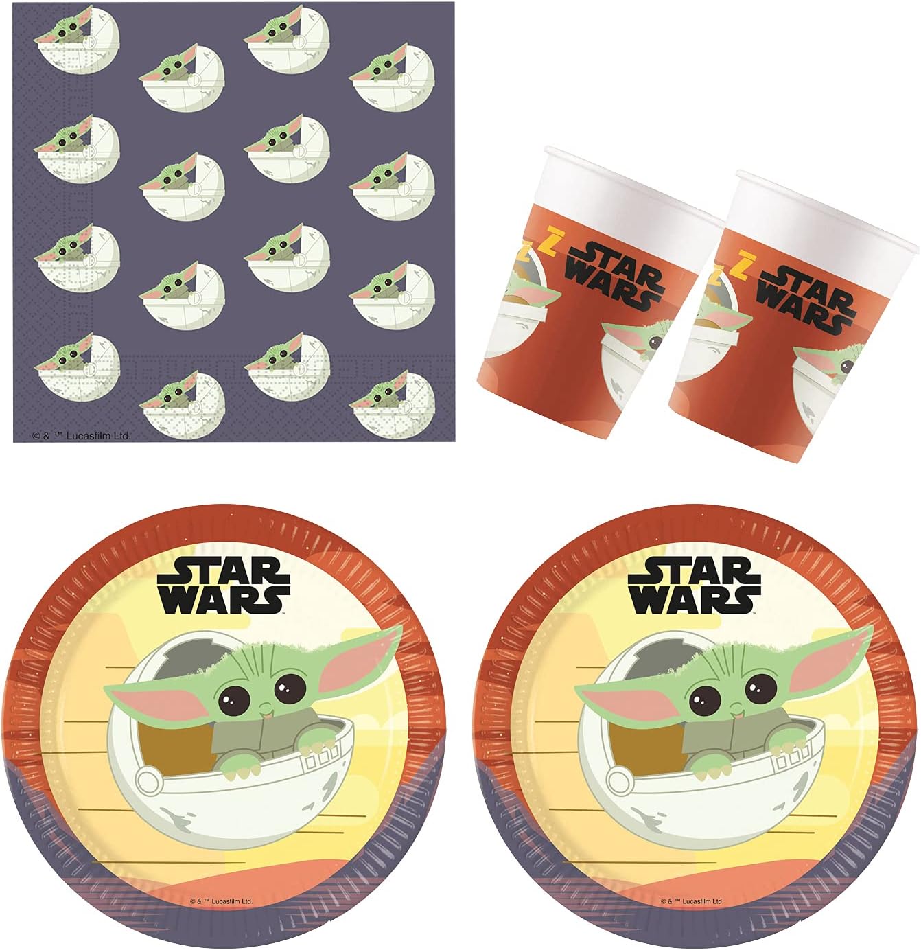 Kit Disney Star Wars Baby Joda 52 pièces avec 16 assiettes, 16 gobelets et 20 serviettes