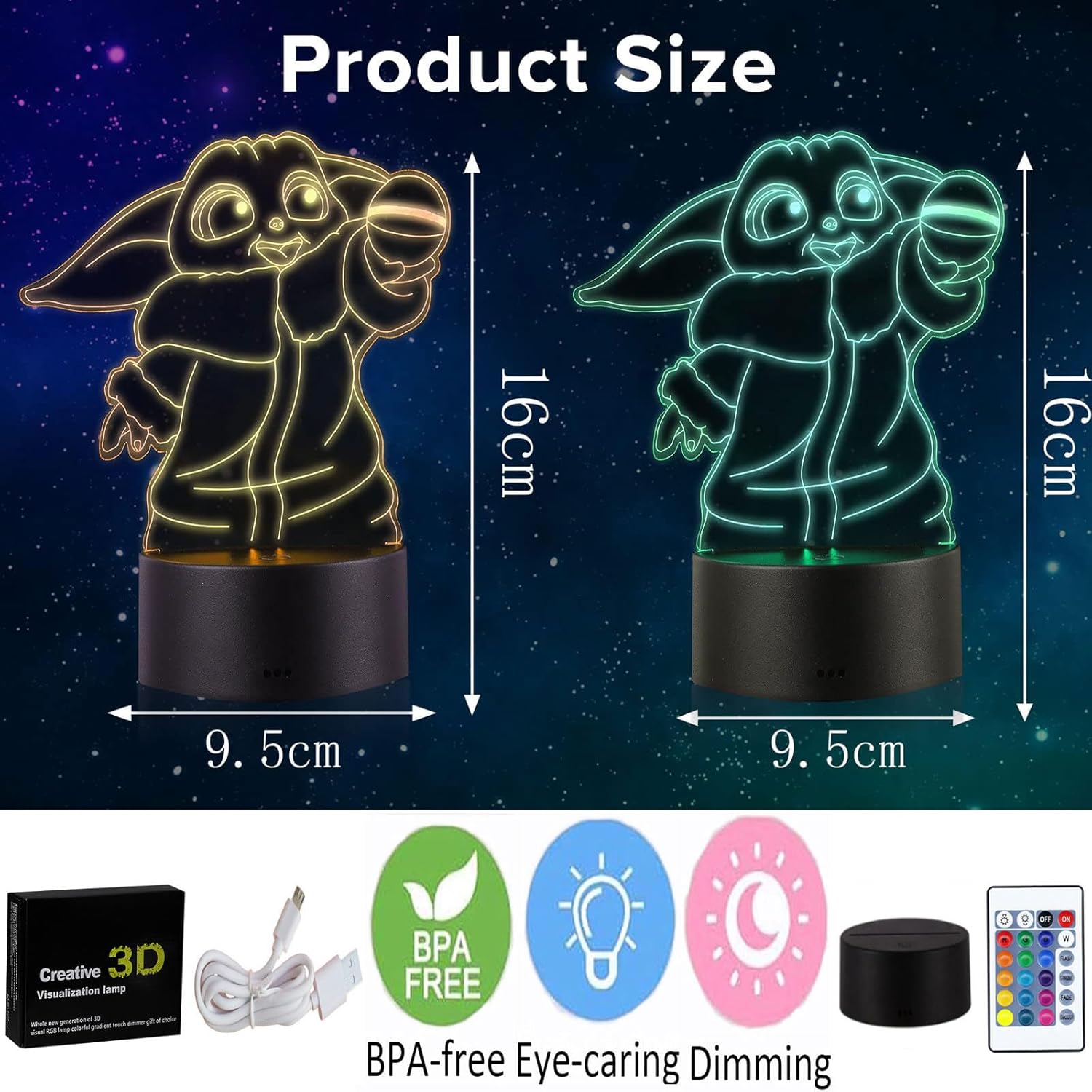 Lampe de chevet Star Wars Baby Yoda 3D LED en acrylique, 16 couleurs – Image 2