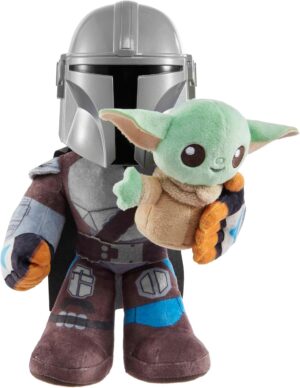 Star Wars Peluche sonore The Mandalorian 28 cm avec Grogu 10 cm, Clan de Deux