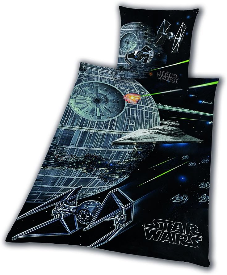Parure de lit Star Wars en flanelle Étoile de la Mort avec Rey, Finn, Tico et Yoda - 135 x 200 cm